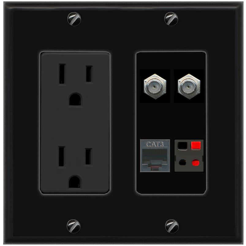 RiteAV 2 COAX PHONE SPEAKER Wall Plate with 15A Power Outlet [Black]
