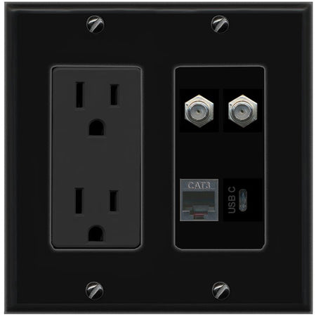 RiteAV 2 COAX PHONE USBC Wall Plate with 15A Power Outlet [Black]