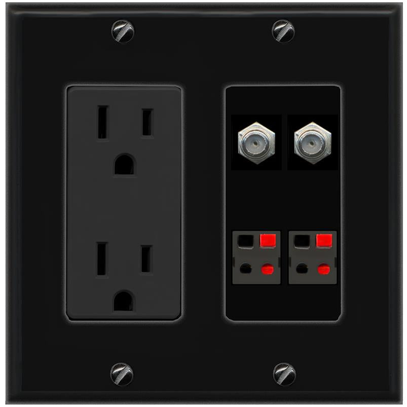 RiteAV 2 COAX 2 SPEAKER Wall Plate with 15A Power Outlet [Black]