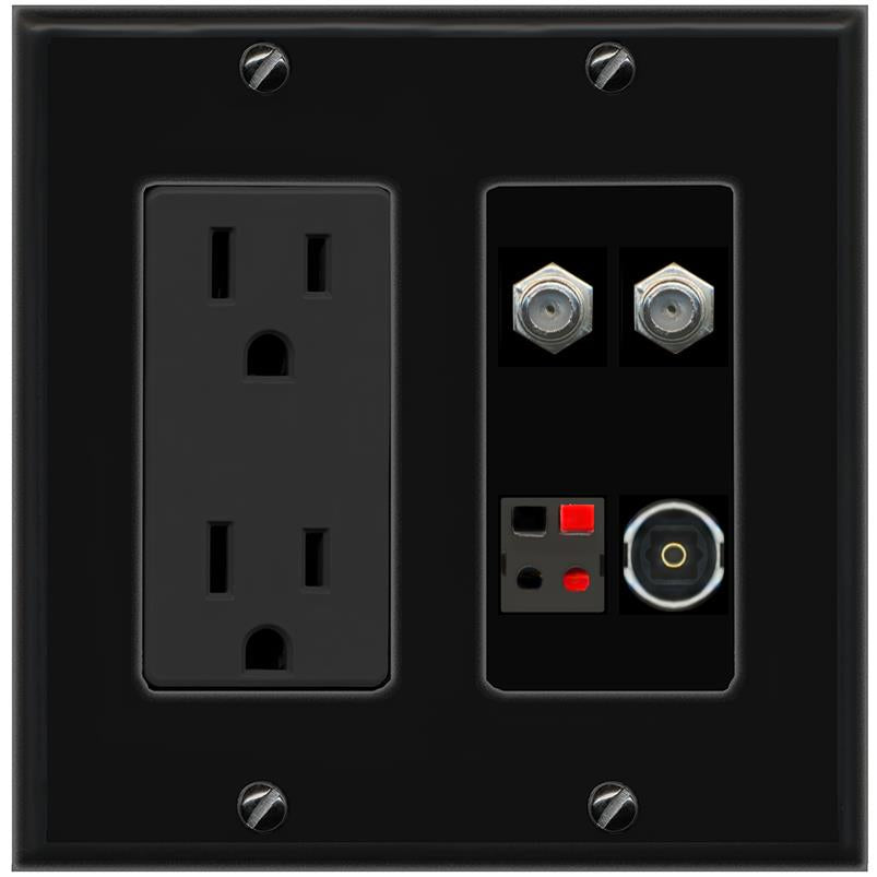 RiteAV 2 COAX SPEAKER TOSLINK Wall Plate with 15A Power Outlet [Black]