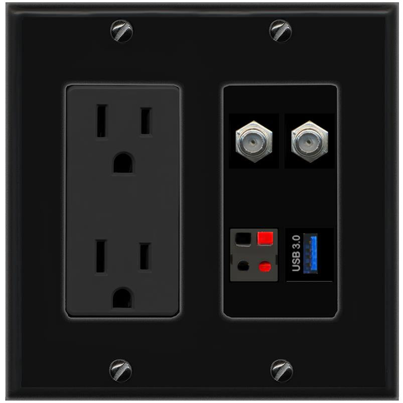 RiteAV 2 COAX SPEAKER USB-3 Wall Plate with 15A Power Outlet [Black]