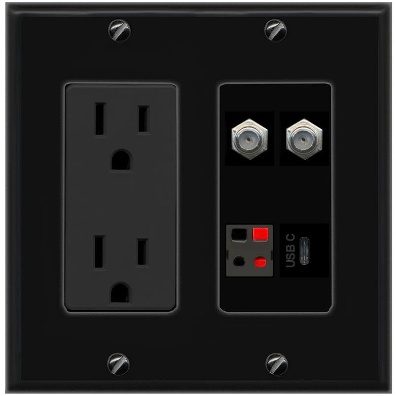 RiteAV 2 COAX SPEAKER USBC Wall Plate with 15A Power Outlet [Black]