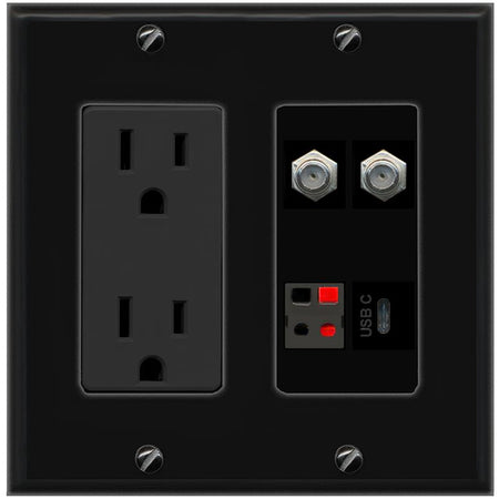 RiteAV 2 COAX SPEAKER USBC Wall Plate with 15A Power Outlet [Black]