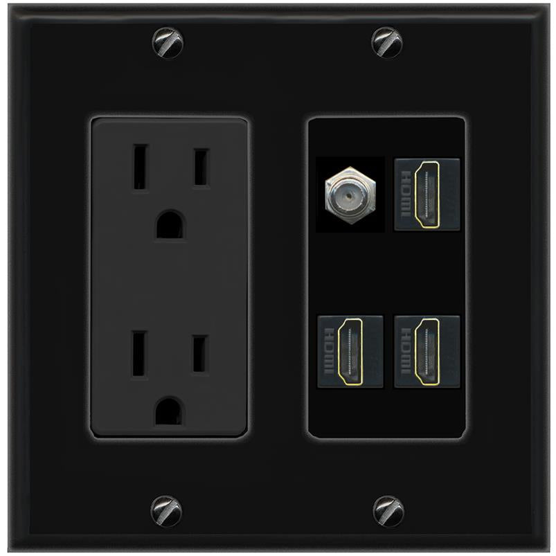 RiteAV COAX 3 HDMI Wall Plate with 15A Power Outlet [Black]