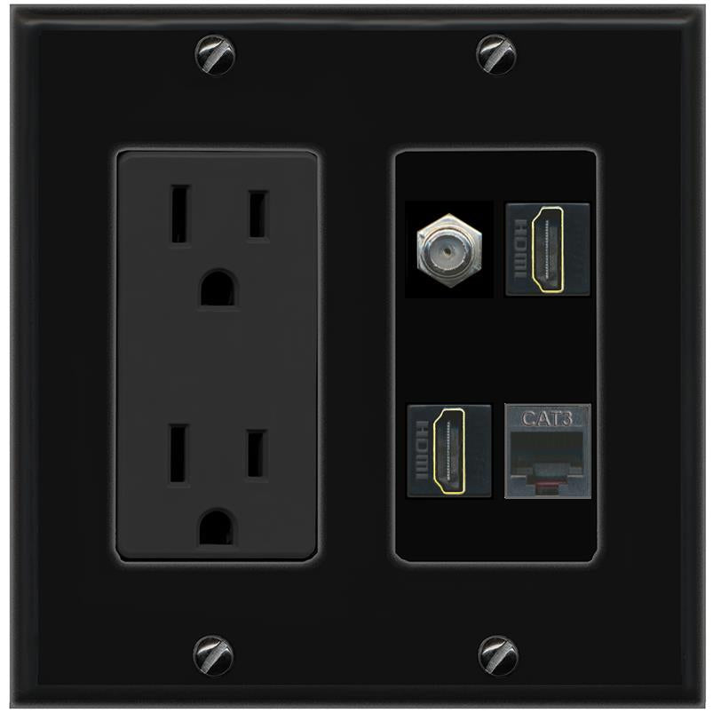 RiteAV COAX 2 HDMI PHONE Wall Plate with 15A Power Outlet [Black]