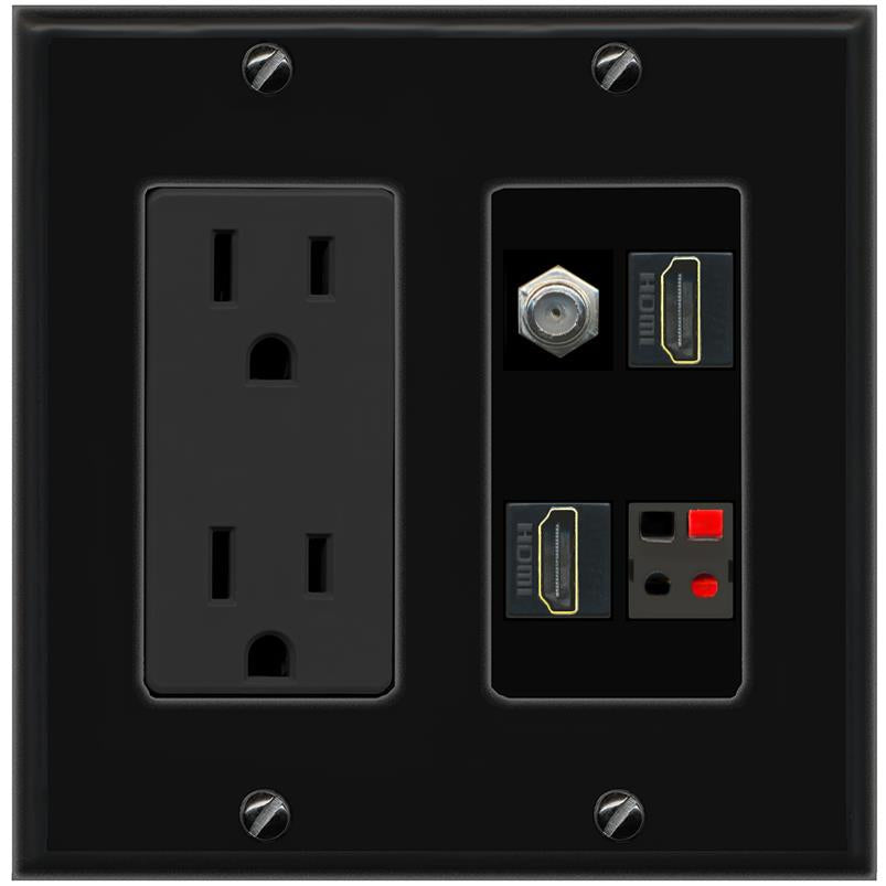 RiteAV COAX 2 HDMI SPEAKER Wall Plate with 15A Power Outlet [Black]
