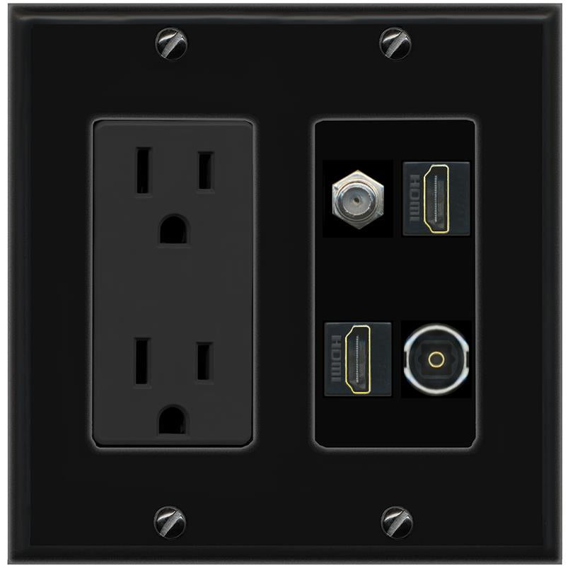 RiteAV COAX 2 HDMI TOSLINK Wall Plate with 15A Power Outlet [Black]