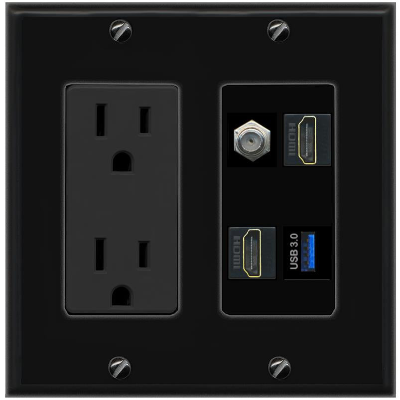 RiteAV COAX 2 HDMI USB-3 Wall Plate with 15A Power Outlet [Black]