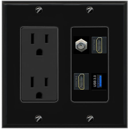 RiteAV COAX 2 HDMI USB-3 Wall Plate with 15A Power Outlet [Black]