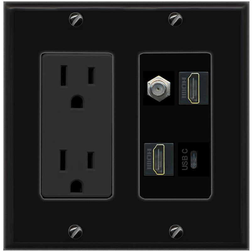 RiteAV COAX 2 HDMI USBC Wall Plate with 15A Power Outlet [Black]
