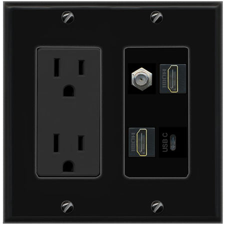 RiteAV COAX 2 HDMI USBC Wall Plate with 15A Power Outlet [Black]