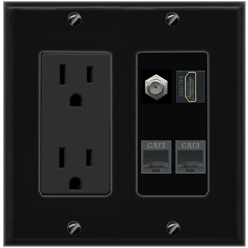 RiteAV COAX HDMI 2 PHONE Wall Plate with 15A Power Outlet [Black]