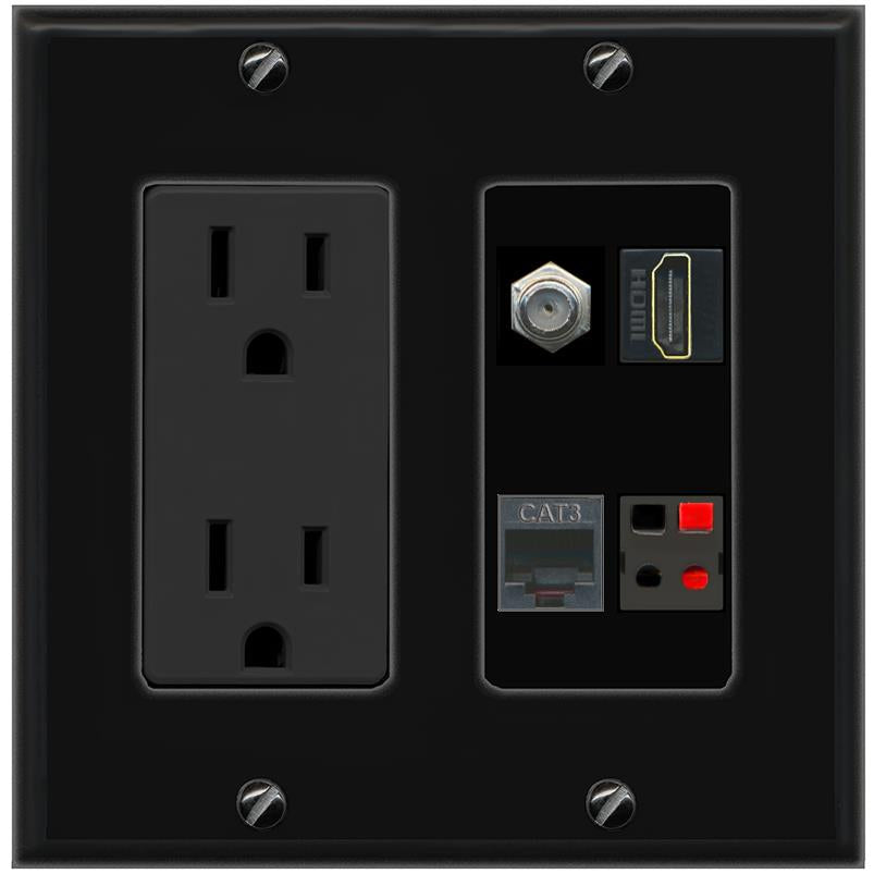 RiteAV COAX HDMI PHONE SPEAKER Wall Plate with 15A Power Outlet [Black]