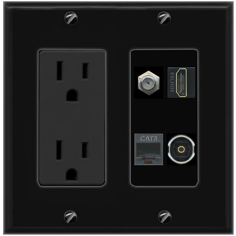 RiteAV COAX HDMI PHONE TOSLINK Wall Plate with 15A Power Outlet [Black]