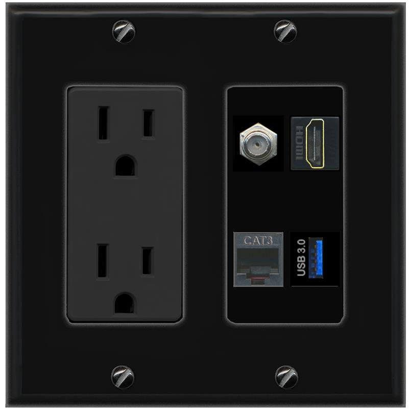 RiteAV COAX HDMI PHONE USB-3 Wall Plate with 15A Power Outlet [Black]