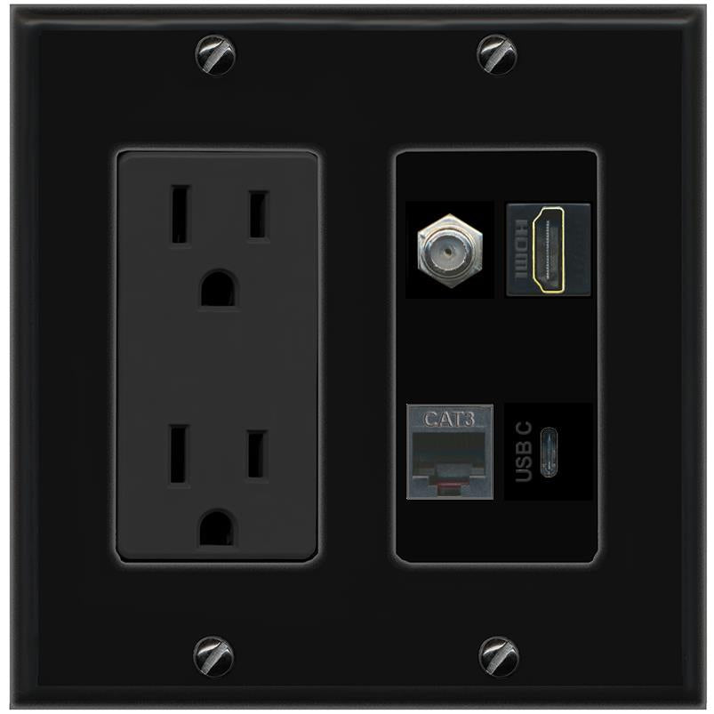 RiteAV COAX HDMI PHONE USBC Wall Plate with 15A Power Outlet [Black]