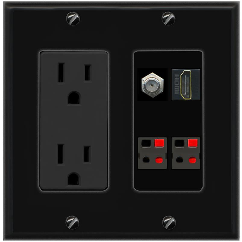 RiteAV COAX HDMI 2 SPEAKER Wall Plate with 15A Power Outlet [Black]
