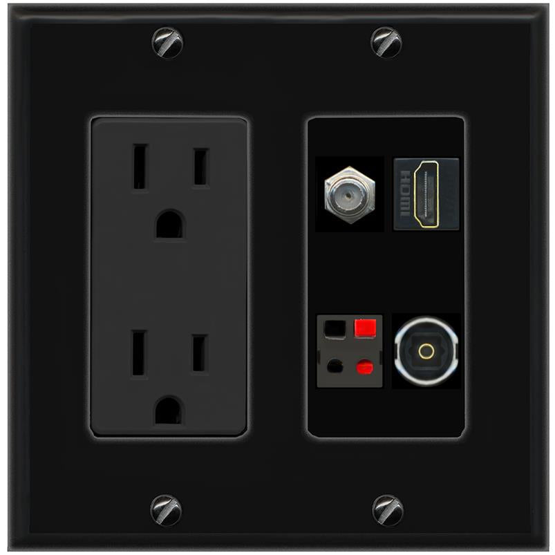 RiteAV COAX HDMI SPEAKER TOSLINK Wall Plate with 15A Power Outlet [Black]