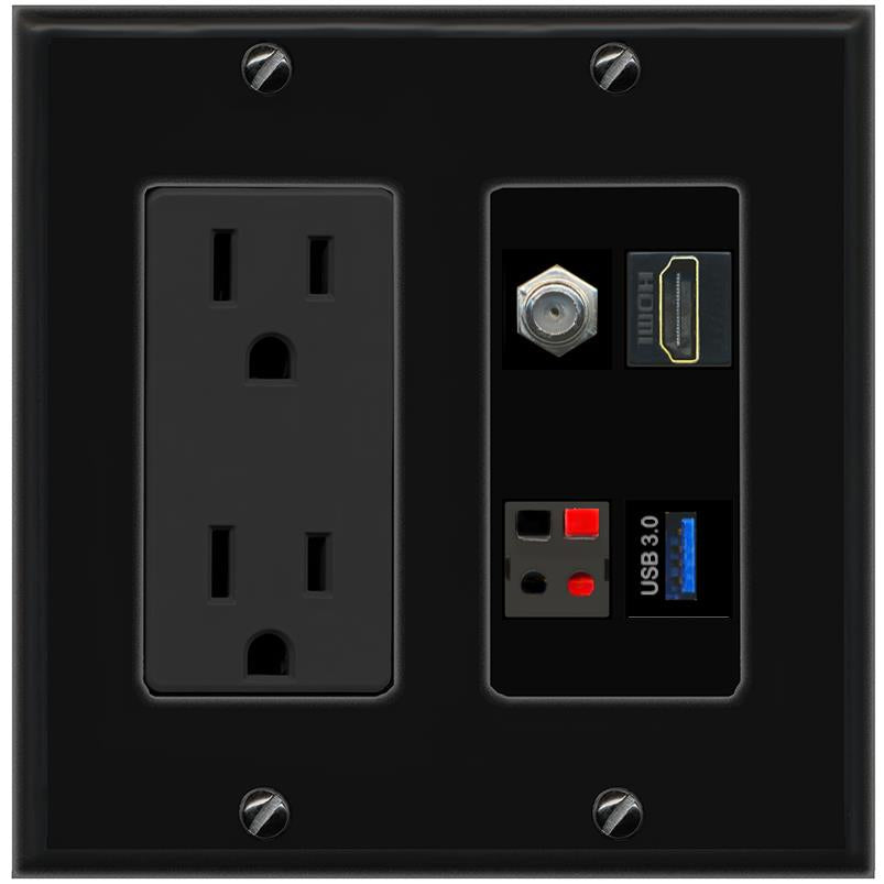 RiteAV COAX HDMI SPEAKER USB-3 Wall Plate with 15A Power Outlet [Black]