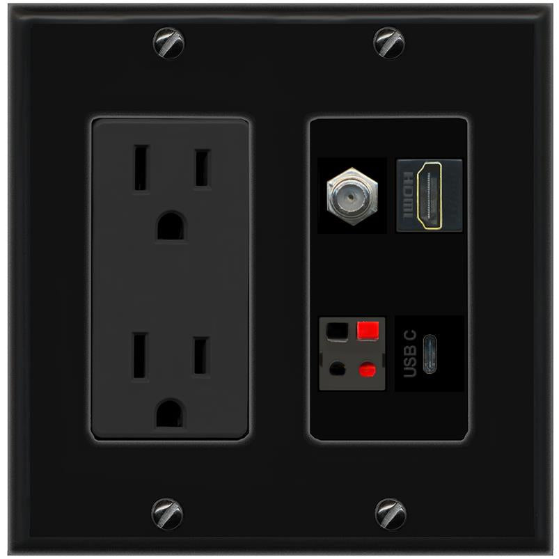 RiteAV COAX HDMI SPEAKER USBC Wall Plate with 15A Power Outlet [Black]