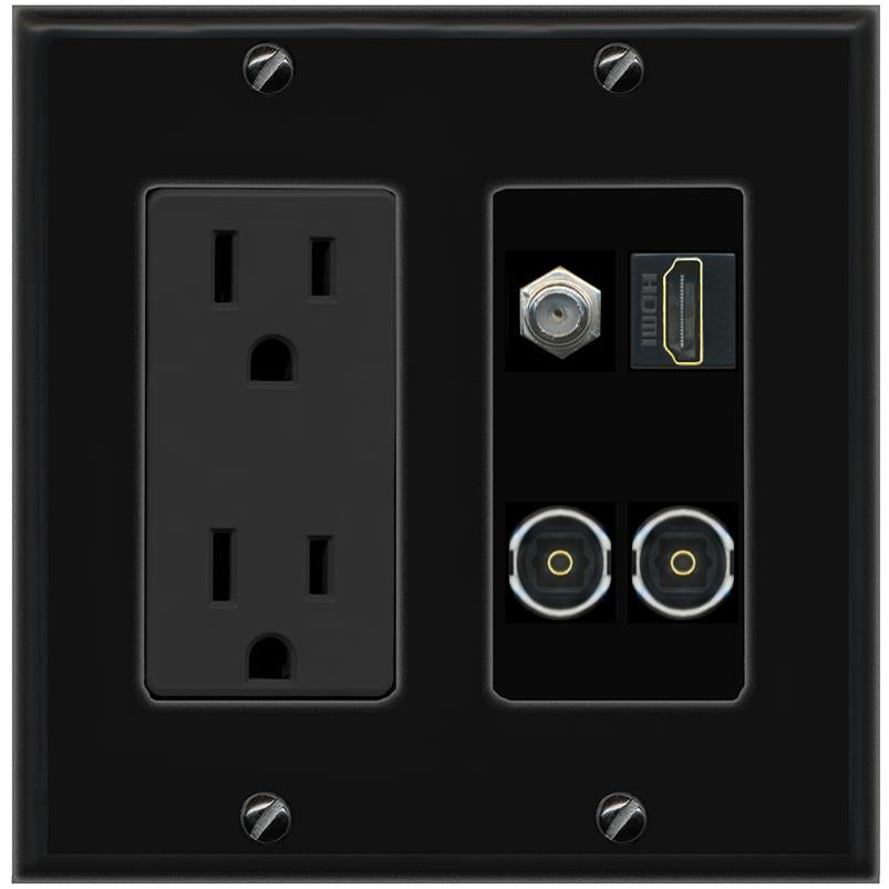 RiteAV COAX HDMI 2 TOSLINK Wall Plate with 15A Power Outlet [Black]