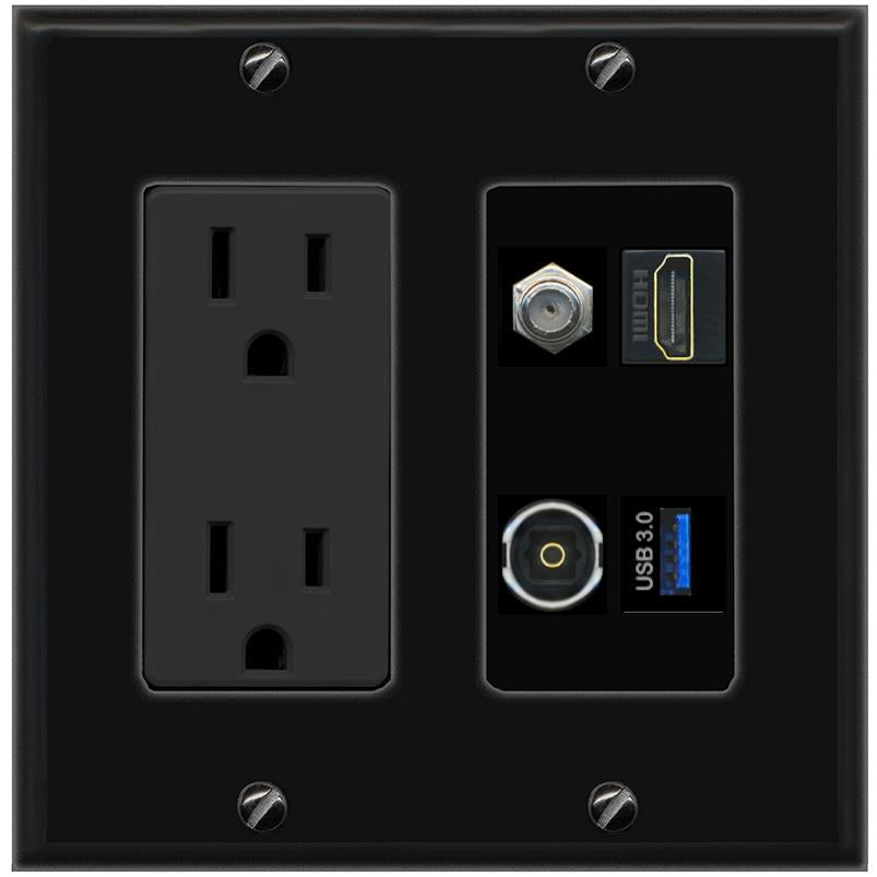 RiteAV COAX HDMI TOSLINK USB-3 Wall Plate with 15A Power Outlet [Black]