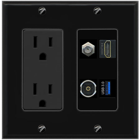RiteAV COAX HDMI TOSLINK USB-3 Wall Plate with 15A Power Outlet [Black]