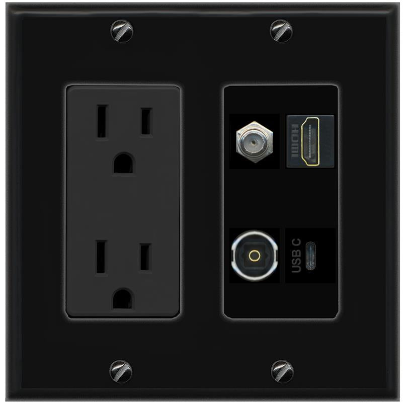 RiteAV COAX HDMI TOSLINK USBC Wall Plate with 15A Power Outlet [Black]