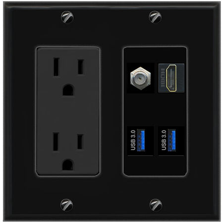 RiteAV COAX HDMI 2 USB-3 Wall Plate with 15A Power Outlet [Black]