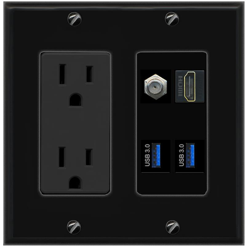 RiteAV COAX HDMI 2 USB-3 Wall Plate with 15A Power Outlet [Black]