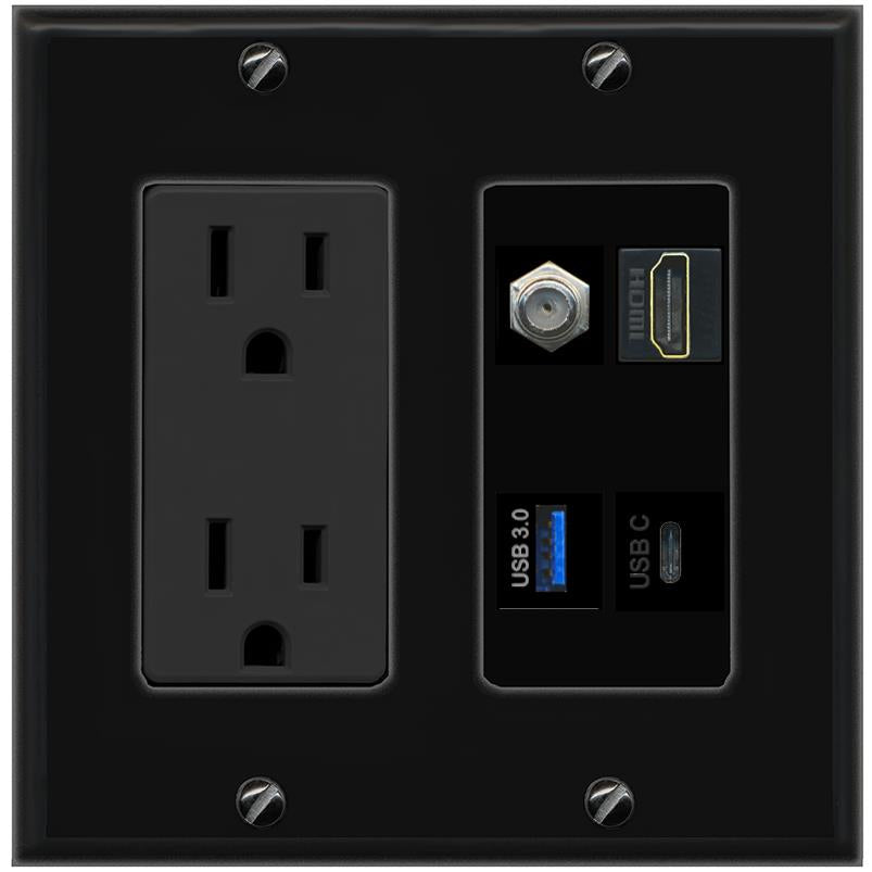 RiteAV COAX HDMI USB-3 USBC Wall Plate with 15A Power Outlet [Black]