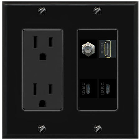 RiteAV COAX HDMI 2 USBC Wall Plate with 15A Power Outlet [Black]