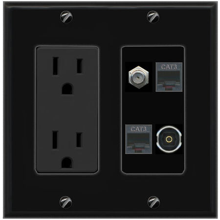 RiteAV COAX 2 PHONE TOSLINK Wall Plate with 15A Power Outlet [Black]