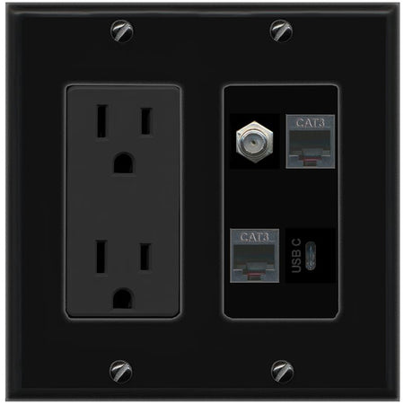RiteAV COAX 2 PHONE USBC Wall Plate with 15A Power Outlet [Black]