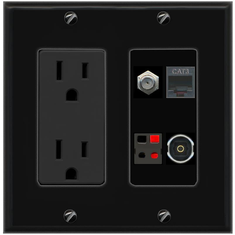 RiteAV COAX PHONE SPEAKER TOSLINK Wall Plate with 15A Power Outlet [Black]