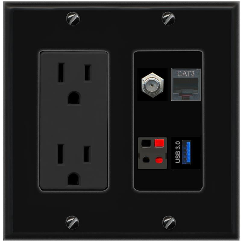 RiteAV COAX PHONE SPEAKER USB-3 Wall Plate with 15A Power Outlet [Black]