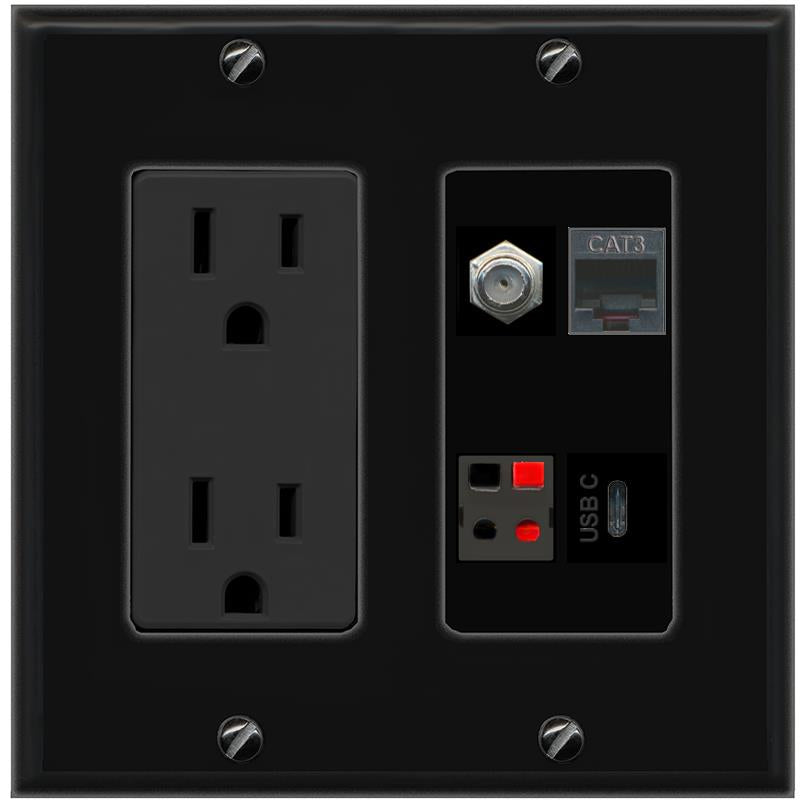RiteAV COAX PHONE SPEAKER USBC Wall Plate with 15A Power Outlet [Black]