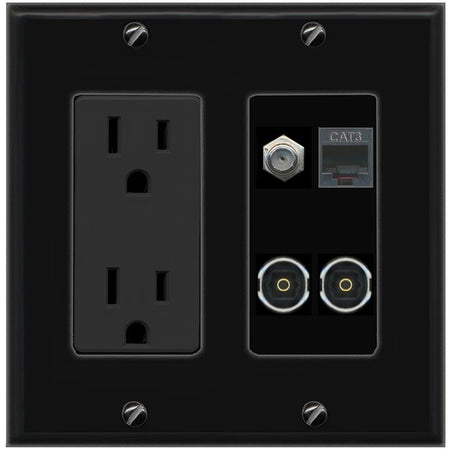 RiteAV COAX PHONE 2 TOSLINK Wall Plate with 15A Power Outlet [Black]