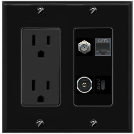 RiteAV COAX PHONE TOSLINK USBC Wall Plate with 15A Power Outlet [Black]