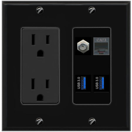RiteAV COAX PHONE 2 USB-3 Wall Plate with 15A Power Outlet [Black]