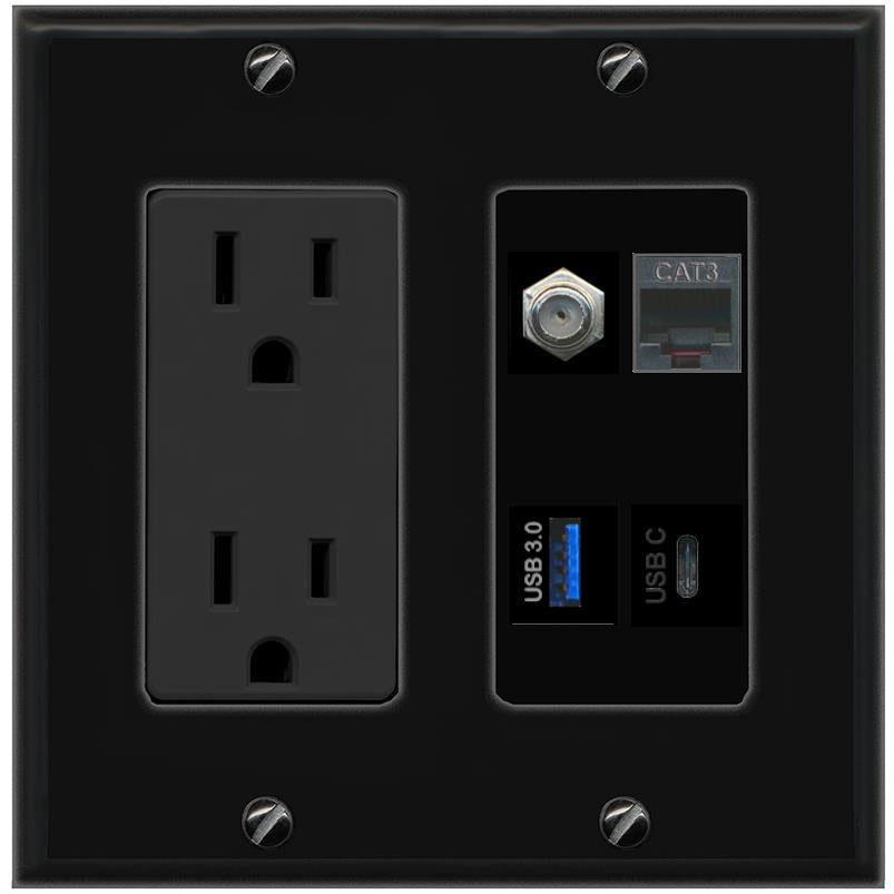 RiteAV COAX PHONE USB-3 USBC Wall Plate with 15A Power Outlet [Black]
