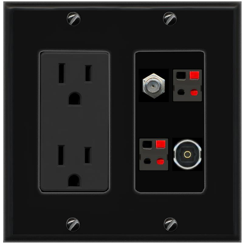 RiteAV COAX 2 SPEAKER TOSLINK Wall Plate with 15A Power Outlet [Black]