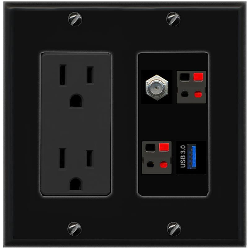 RiteAV COAX 2 SPEAKER USB-3 Wall Plate with 15A Power Outlet [Black]