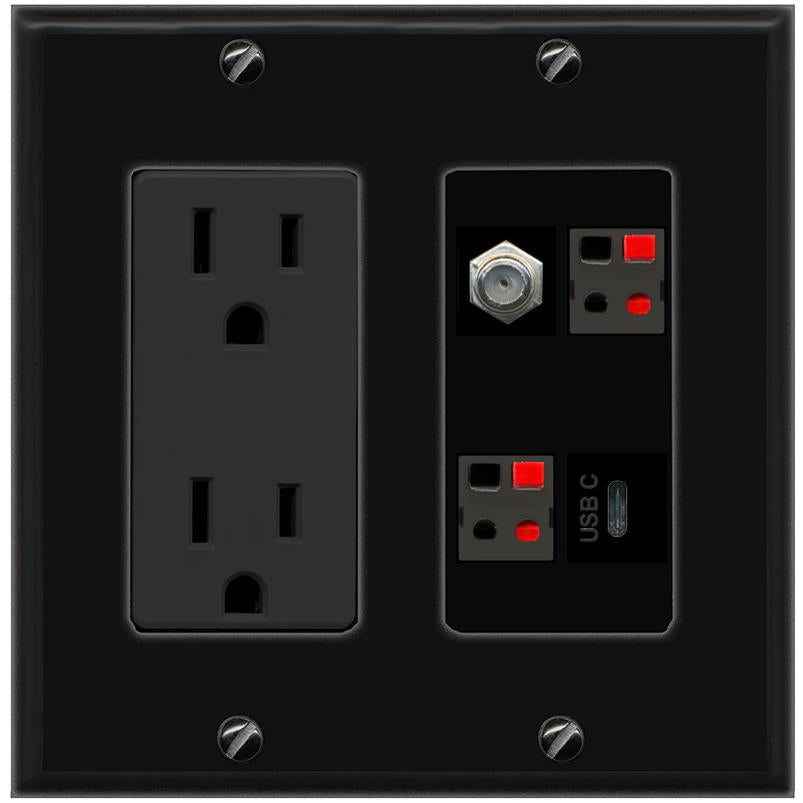 RiteAV COAX 2 SPEAKER USBC Wall Plate with 15A Power Outlet [Black]
