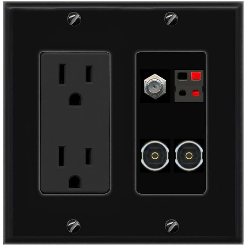 RiteAV COAX SPEAKER 2 TOSLINK Wall Plate with 15A Power Outlet [Black]