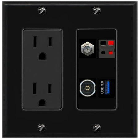 RiteAV COAX SPEAKER TOSLINK USB-3 Wall Plate with 15A Power Outlet [Black]