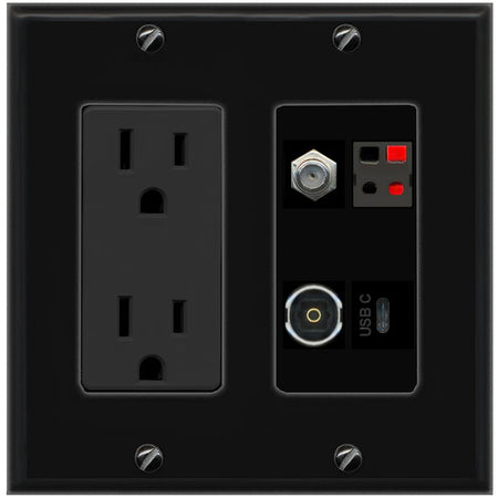 RiteAV COAX SPEAKER TOSLINK USBC Wall Plate with 15A Power Outlet [Black]