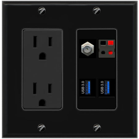 RiteAV COAX SPEAKER 2 USB-3 Wall Plate with 15A Power Outlet [Black]