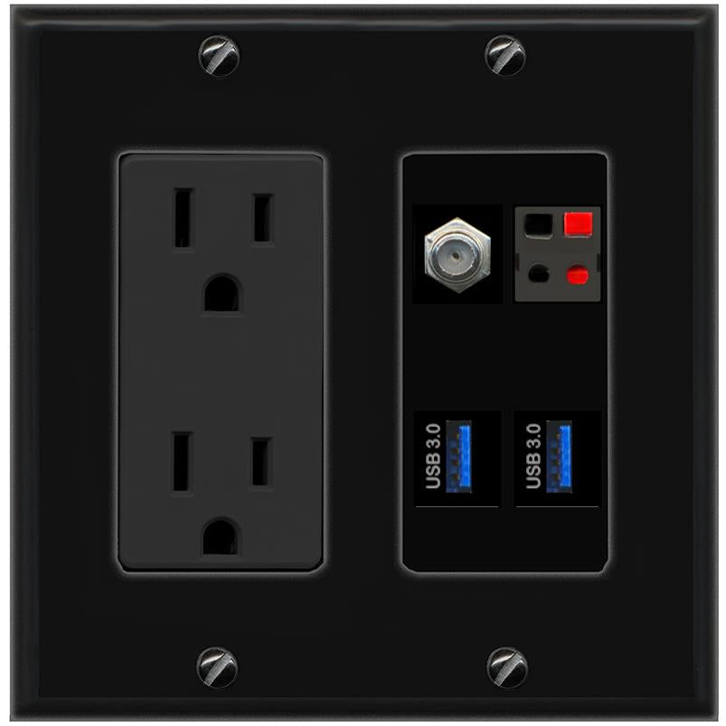 RiteAV COAX SPEAKER 2 USB-3 Wall Plate with 15A Power Outlet [Black]