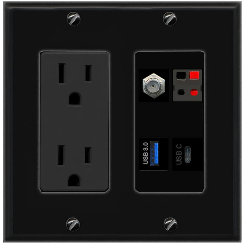 RiteAV COAX SPEAKER USB-3 USBC Wall Plate with 15A Power Outlet [Black]